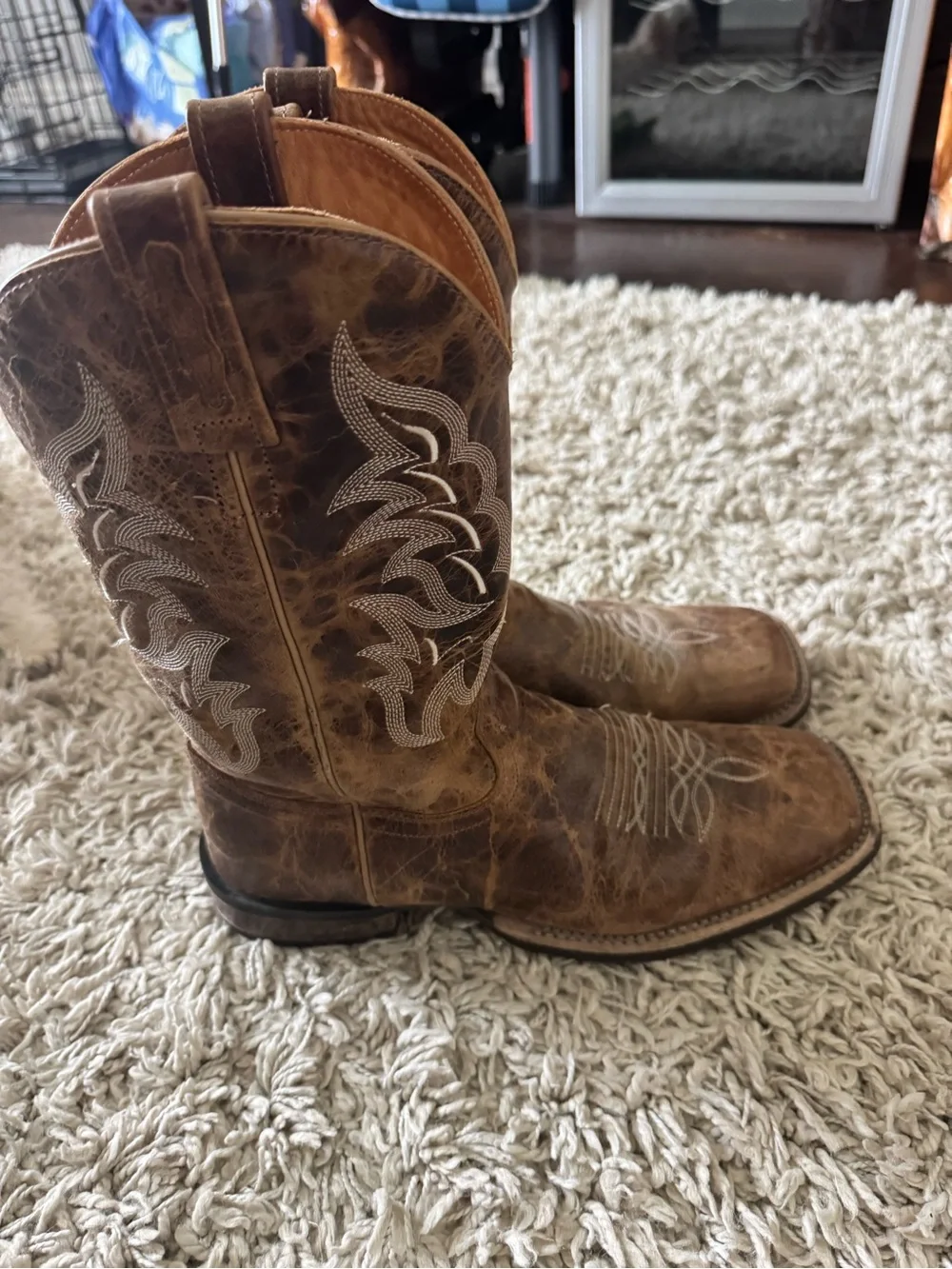 Distressed Brown Leather Cowboy Boots with White Stitching